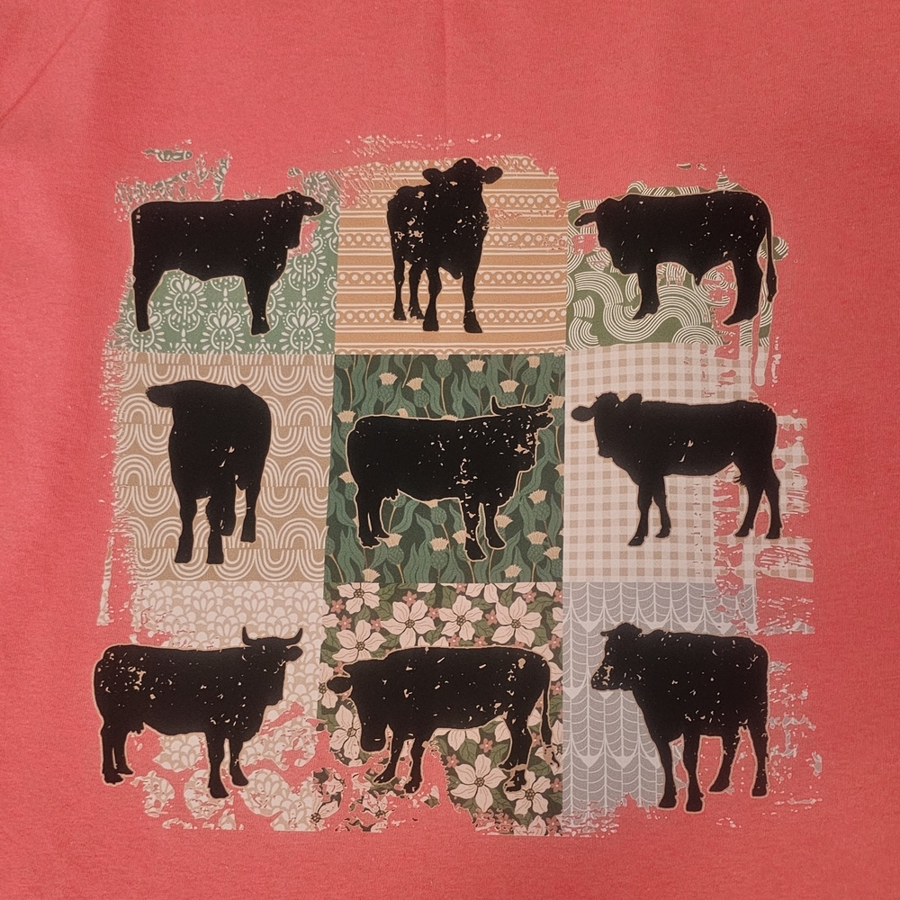Womens  Coral Graphic Tee with Cow Patchwork